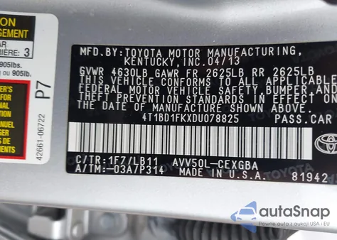 2013 Toyota Camry Hybrid Xle из США, поврежденный, VIN 4T1BD1FKXDU078825